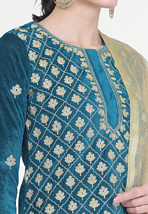 Aari Embroidered Velvet Punjabi Suit in Teal Blue