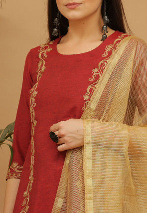 Aari Work Cotton Anarkali Suit in Maroon