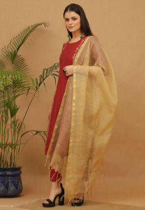 Aari Work Cotton Anarkali Suit in Maroon