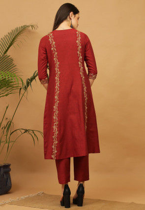 Aari Work Cotton Anarkali Suit in Maroon