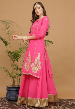 Aari Work Georgette Kurta with Skirt in Pink