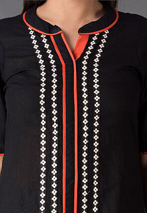 Abstract Printed Placket Cotton Asymmetric Kurta in Black