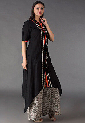 Abstract Printed Placket Cotton Asymmetric Kurta in Black