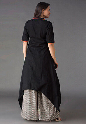 Abstract Printed Placket Cotton Asymmetric Kurta in Black