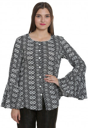 Abstract Printed Rayon Front Open Top in Black and White