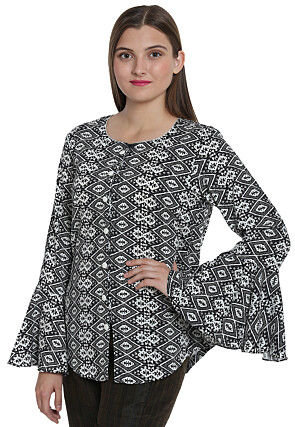 Abstract Printed Rayon Front Open Top in Black and White
