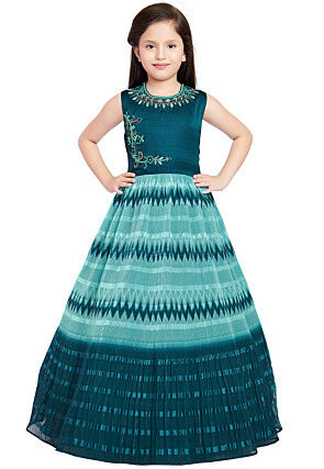 Accordion Pleated Art Silk Gown in Blue