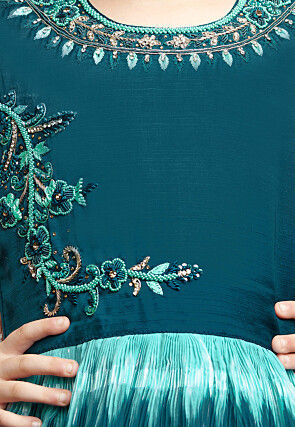 Accordion Pleated Art Silk Gown in Blue