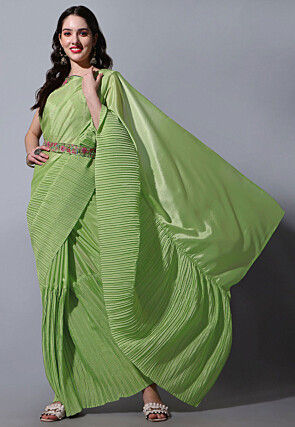 Accordion Pleated Chinon Chiffon Saree in Green
