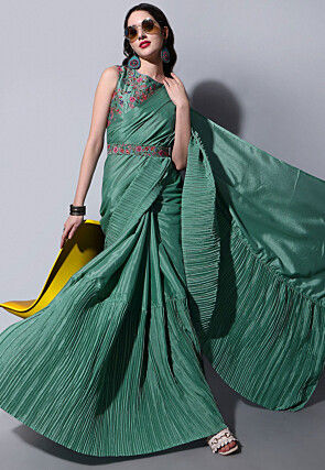 Accordion Pleated Chinon Chiffon Saree in Sea Green
