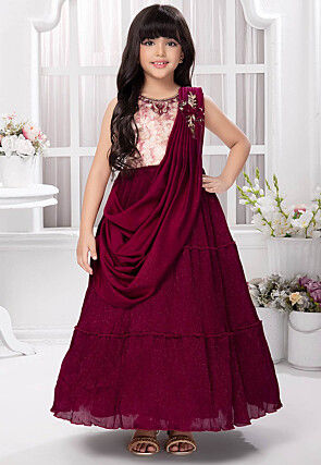 Accordion Pleated Polyester Gown in Maroon