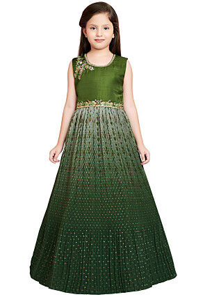 Accordion Pleated Polyester Gown in Olive Green