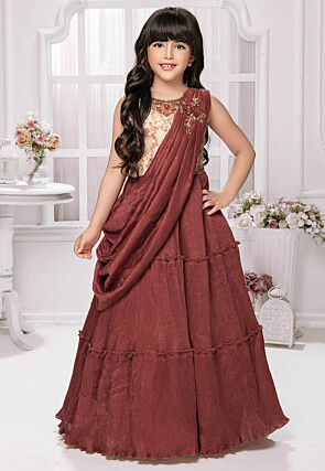 Accordion Pleated Polyester Gown in Rust