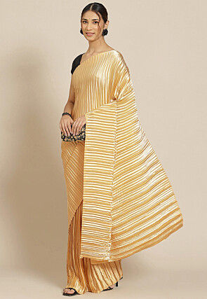 Accordion Pleated Polyester Saree in Beige