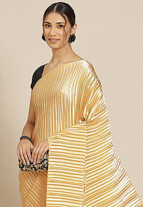 Accordion Pleated Polyester Saree in Beige
