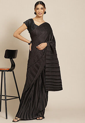 Accordion Pleated Polyester Saree in Black