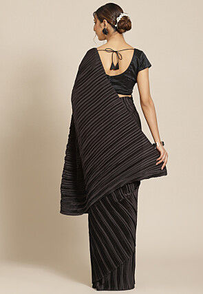 Accordion Pleated Polyester Saree in Black