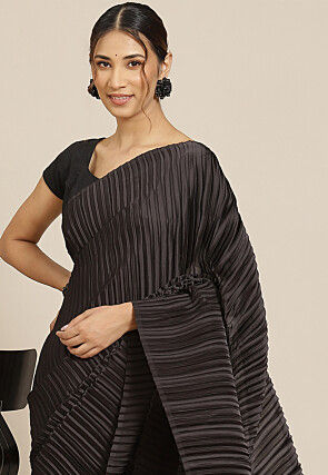 Accordion Pleated Polyester Saree in Black