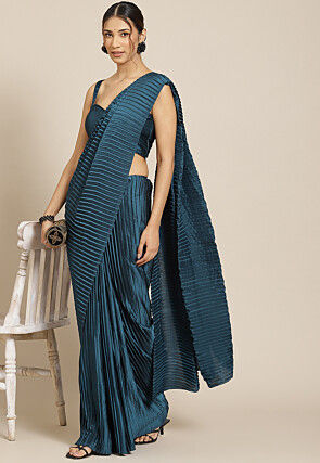 Accordion Pleated Polyester Saree in Blue
