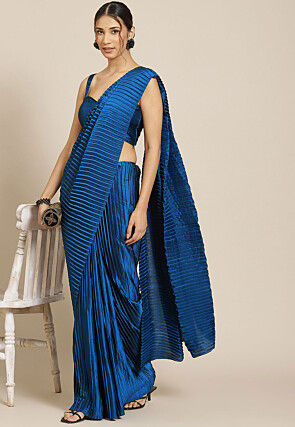 Accordion Pleated Polyester Saree in Teal Blue
