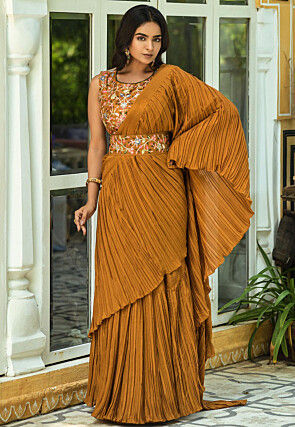 Accordion Pleated Polyester Saree in Mustard