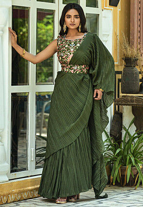 Accordion Pleated Polyester Saree in Olive Green