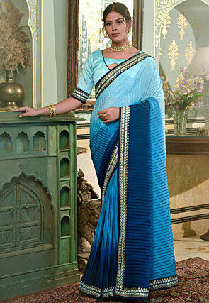 Accordion Pleated Polyester Saree in Shaded Blue