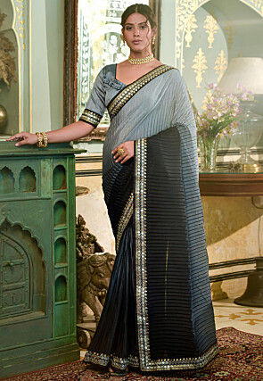 Accordion Pleated Polyester Saree in Shaded Grey and Black
