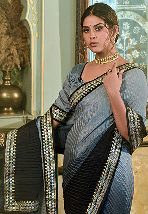 Accordion Pleated Polyester Saree in Shaded Grey and Black