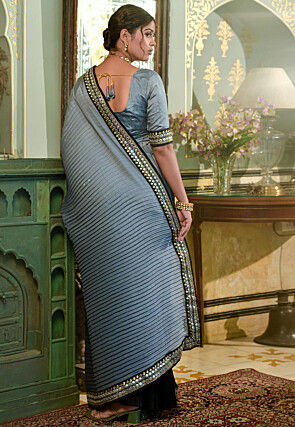 Accordion Pleated Polyester Saree in Shaded Grey and Black