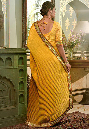Accordion Pleated Polyester Saree in Shaded Mustard and Brown