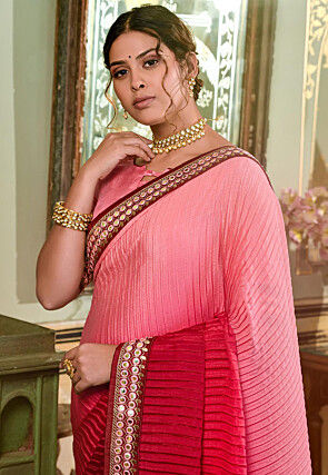 Accordion Pleated Polyester Saree in Shaded Pink and Fuchsia