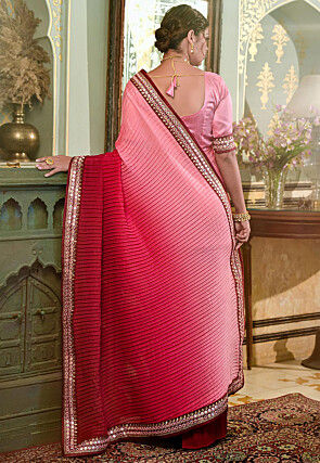 Accordion Pleated Polyester Saree in Shaded Pink and Fuchsia