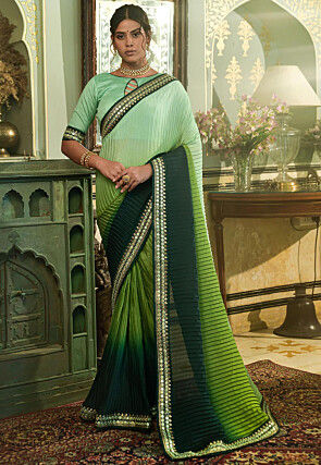 Accordion Pleated Polyester Saree in Shaded Sea Green and Green