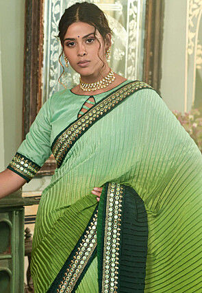 Accordion Pleated Polyester Saree in Shaded Sea Green and Green
