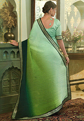 Accordion Pleated Polyester Saree in Shaded Sea Green and Green