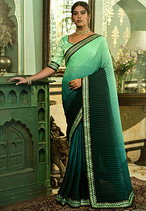 Accordion Pleated Polyester Saree in Shaded Sea Green and Teal Green