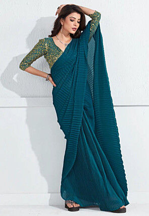 Accordion Pleated Polyester Saree in Teal Blue