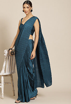 Accordion Pleated Polyester Saree in Teal Blue