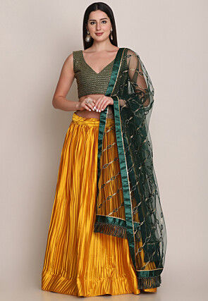 Accordion Pleated Satin Lehenga in Mustard