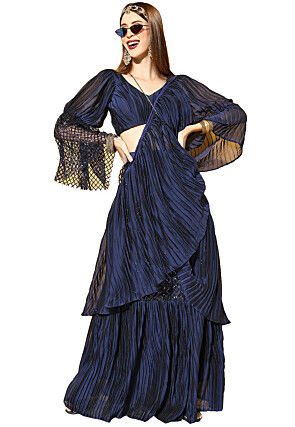Accordion Polyester Saree in Navy Blue