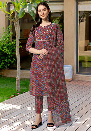 Ajrak Printed Pure Cotton Pakistani Suit in Maroon