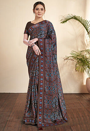 Ajrakh Printed Art Silk Saree in Brown