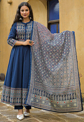 Ajrakh Printed Cotton A Line Suit in Blue