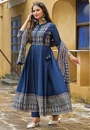 Ajrakh Printed Cotton A Line Suit in Blue
