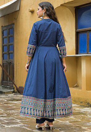 Ajrakh Printed Cotton A Line Suit in Blue