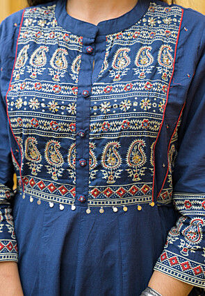 Ajrakh Printed Cotton A Line Suit in Blue