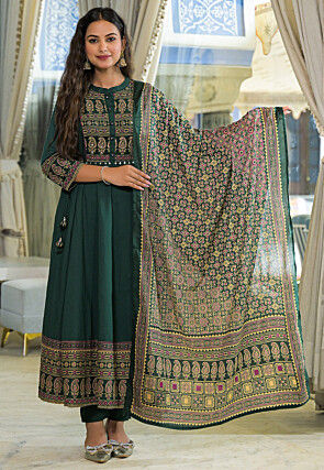 Ajrakh Printed Cotton A Line Suit in Teal Green