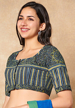 Ajrakh Printed Cotton Blouse in Blue