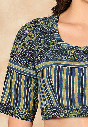 Ajrakh Printed Cotton Blouse in Blue